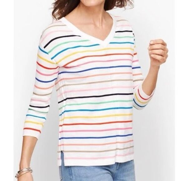 TALBOTS Size Large V Neck Rainbow Striped Cotton Lightweight Sweater Size 2X - Picture 1 of 9